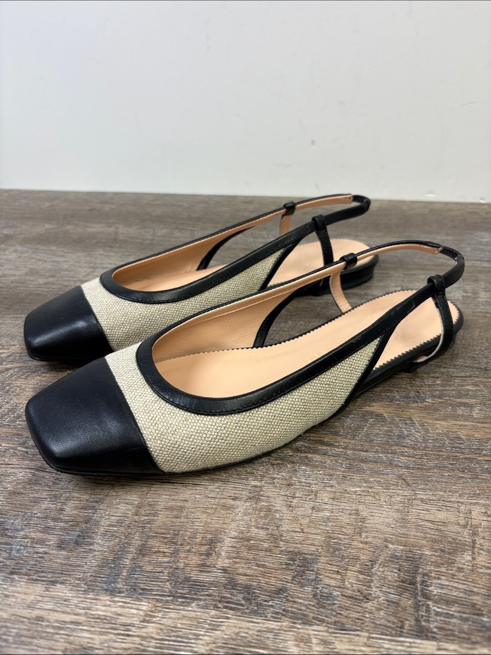 J.Crew Women’s Slingback Cap Toe Flats Black Leather Natural Canvas Size 8.5